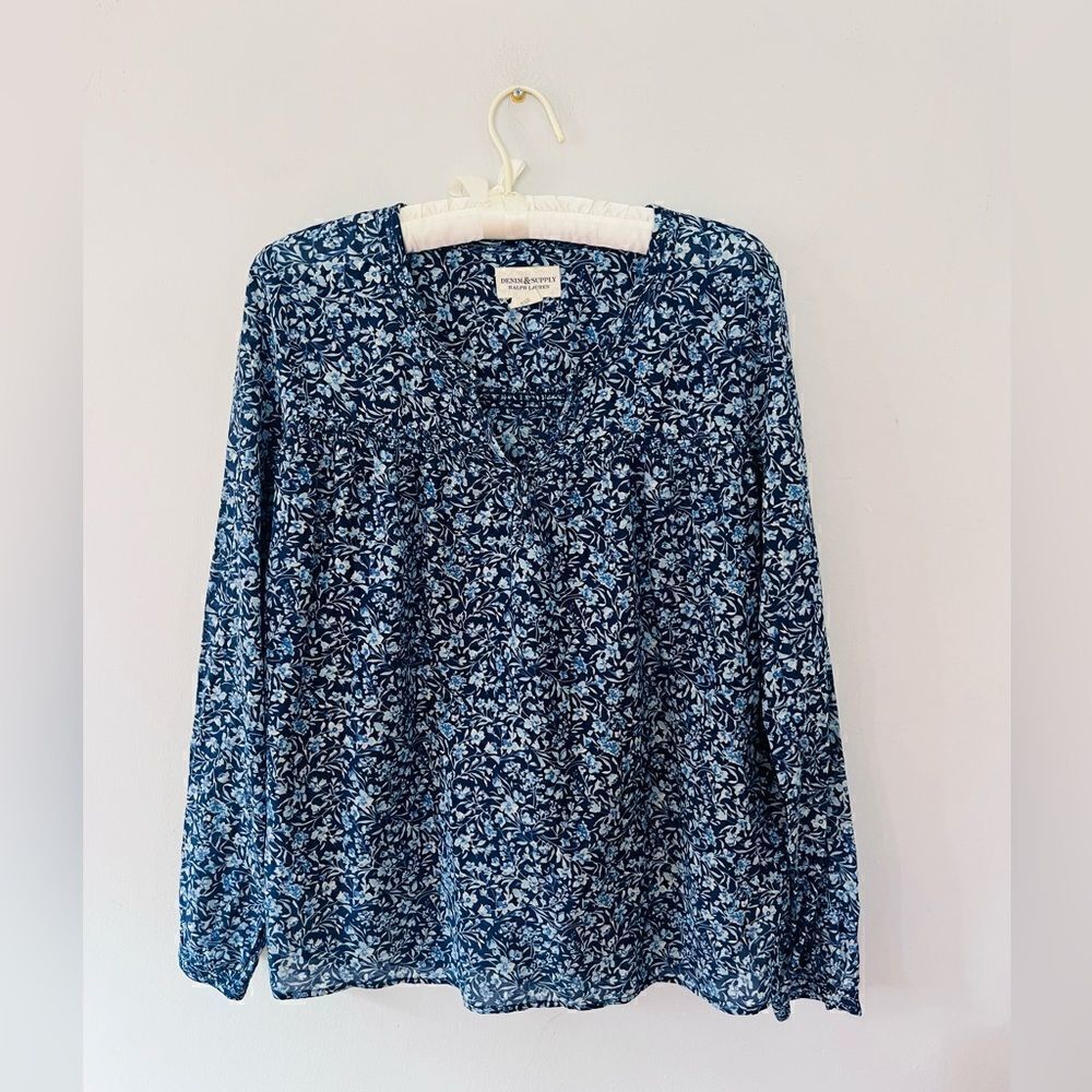 Denim & Supply Ralph Lauren Navy Blue Floral V-Neck Blouse